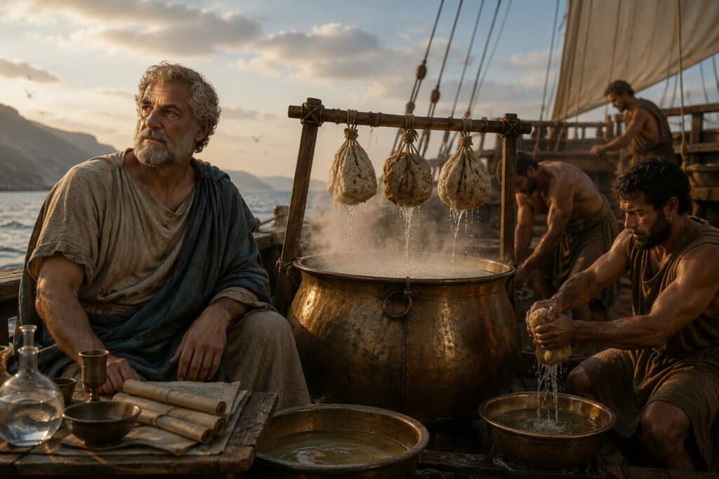 An older man with a grey beard sits on a wooden deck of a boat, watching as three other men work with sponges over a large, steaming metal pot.