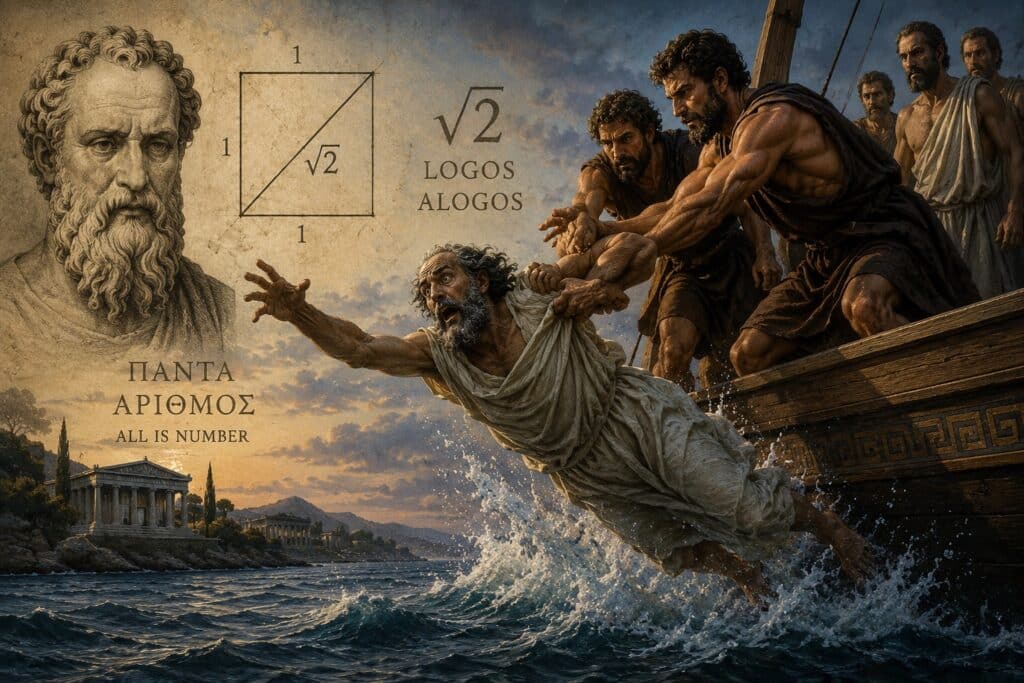 A dramatic illustration depicting a bearded man being pushed off a ship into choppy waters, overlaid with a portrait of an ancient philosopher, a square geometry diagram, and Greek text translating to "All is number."