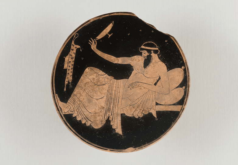Kottabos player, red-figure plate, c. 500 BC