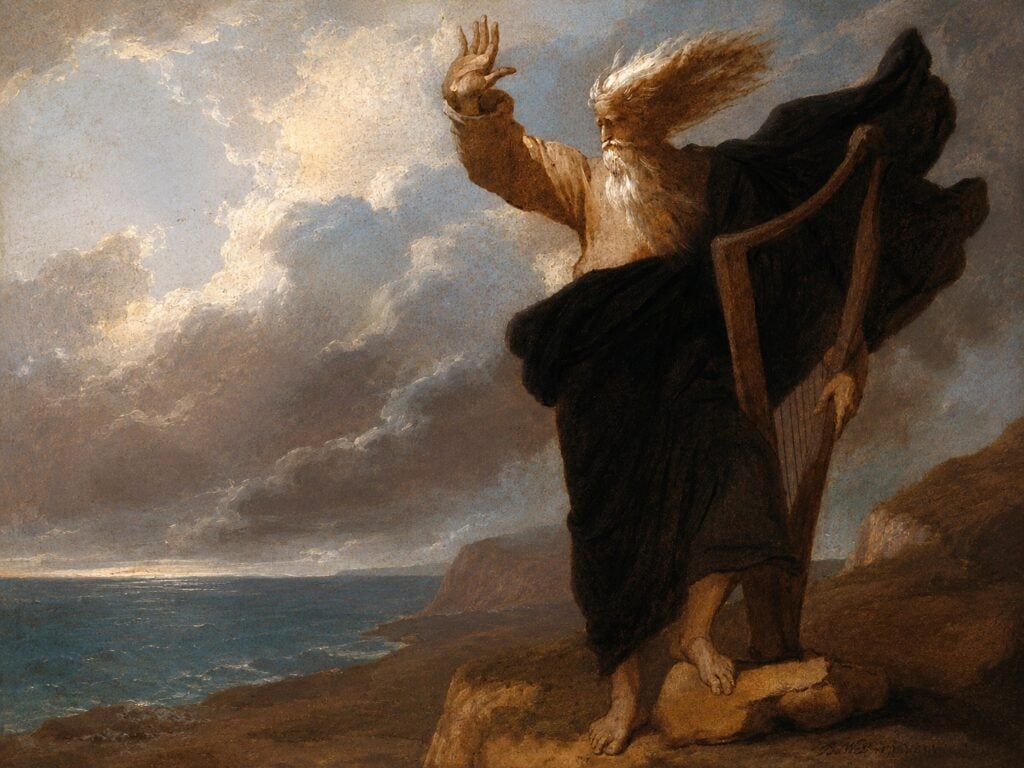 An oil painting depicts an elderly man with a flowing white beard and a dark cloak standing barefoot on a rocky cliff, clutching a harp and raising his hand toward a dramatic, stormy sky above the sea.