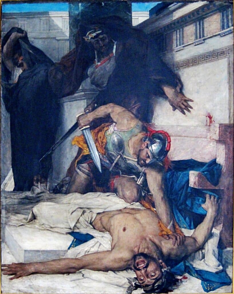 A classical painting illustrates a tense scene where an armored man holding a bloody sword stands over a fallen figure on a stone slab, while a cloaked person cowers in the background.