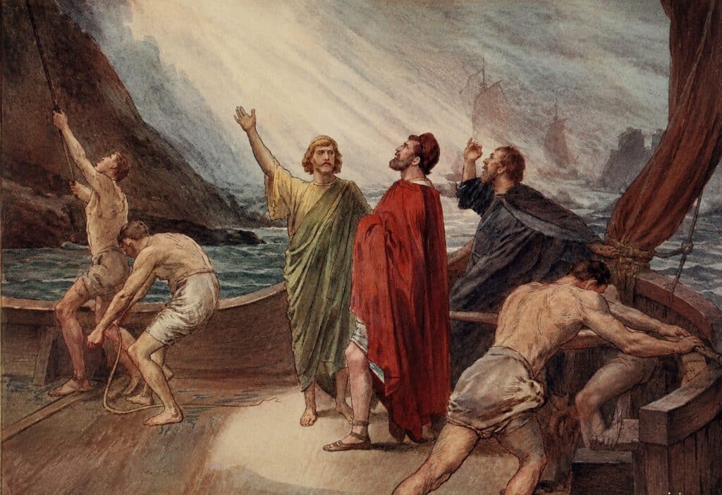 A watercolor painting depicts a group of men on a wooden boat at sea with one central figure in robes raising his hand toward a radiant beam of light breaking through the dark clouds.