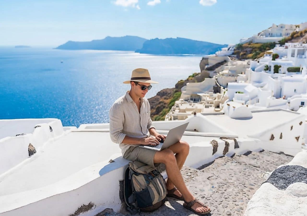 A digital nomad working on his laptop in village of Oia at the island of Santorini, Greece
