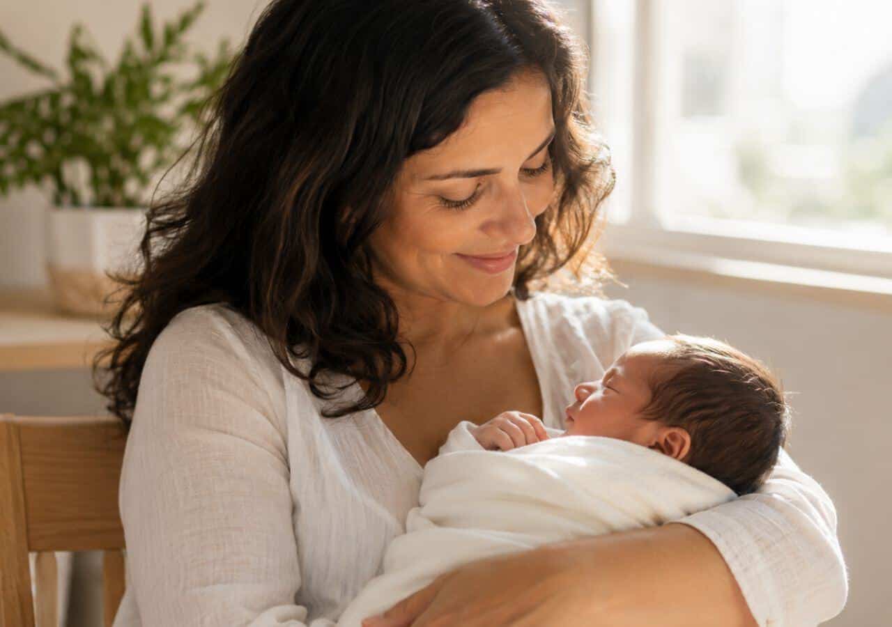 A greek mother holding her baby