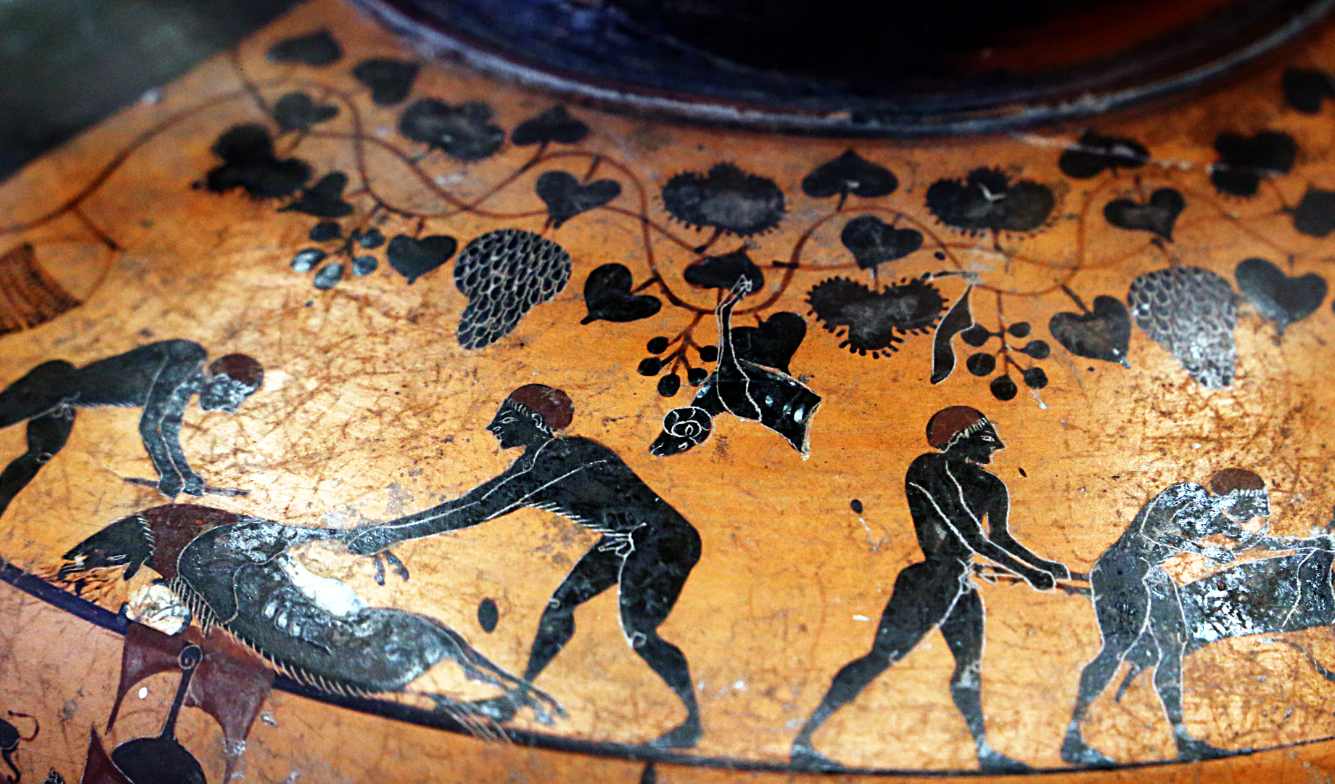 A scene depicting men sacrificing a pig