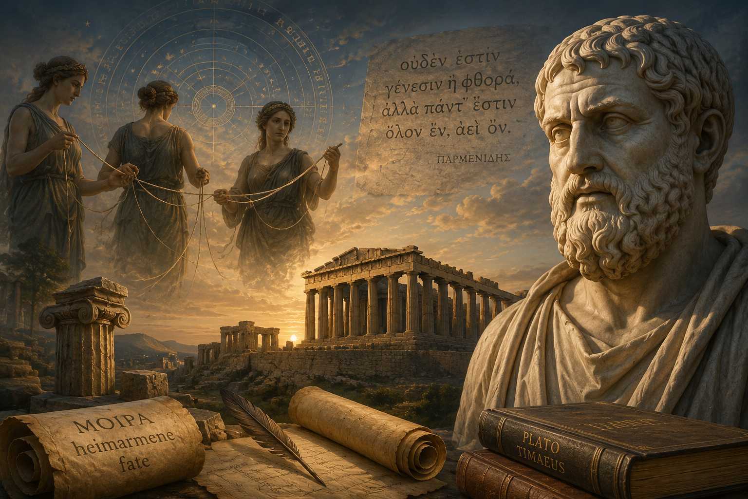 AI illustration of fate in ancient Greek thought, featuring the Moirai, philosophers, and classical temples