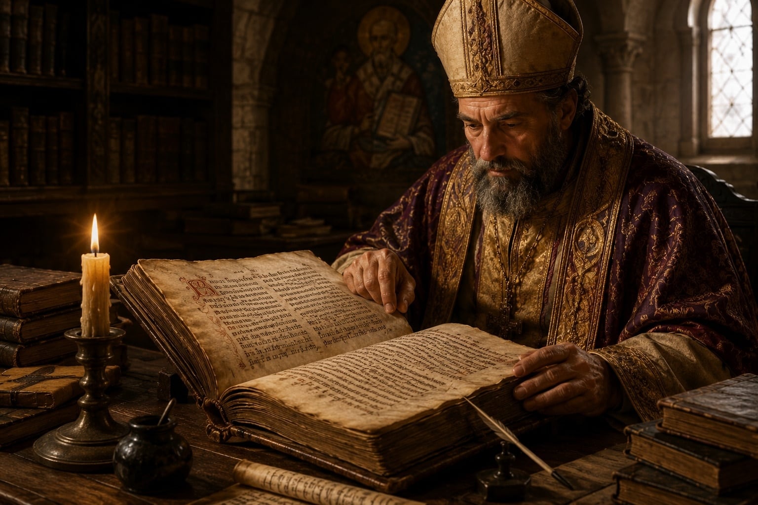 AI reconstruction of a 12th-century manuscript and a depiction of St. Augustine