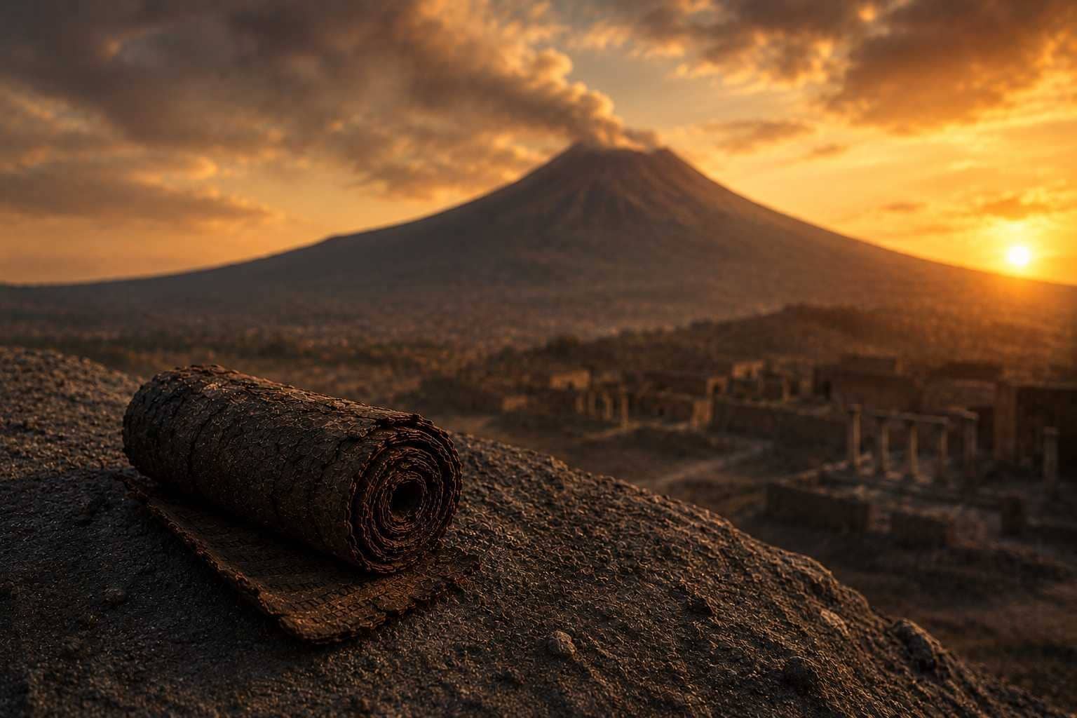 AI reconstruction of an ancient Herculaneum scroll with Mount Vesuvius in the background