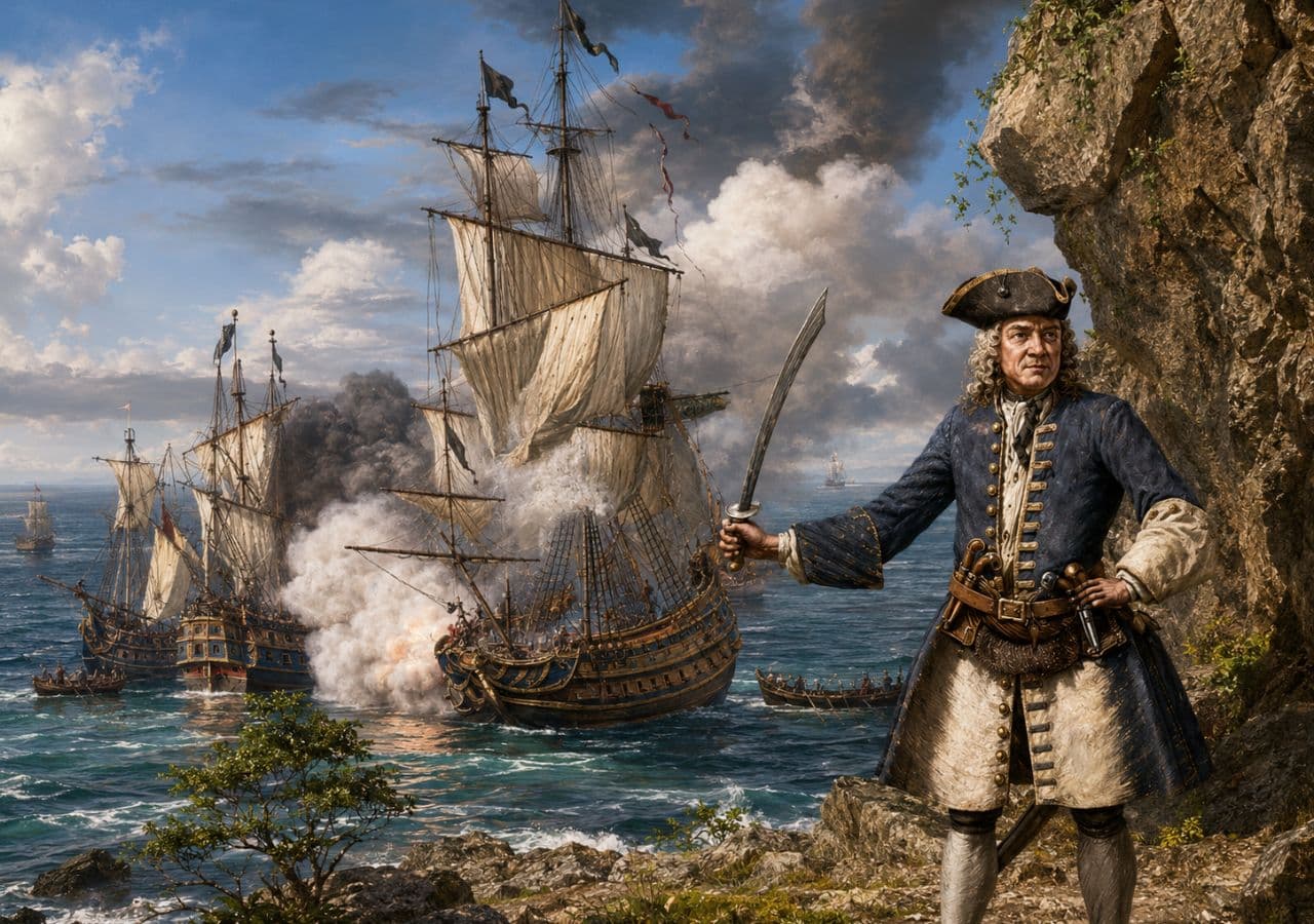 An AI-colored reconstruction of an 18th-century depiction of pirate Henry Avery