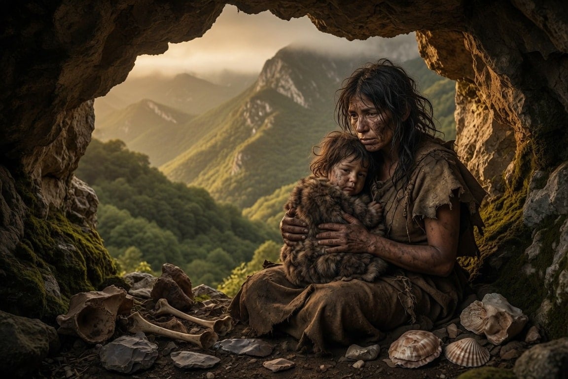 An AI illustration of hunter-gatherer mother with her child