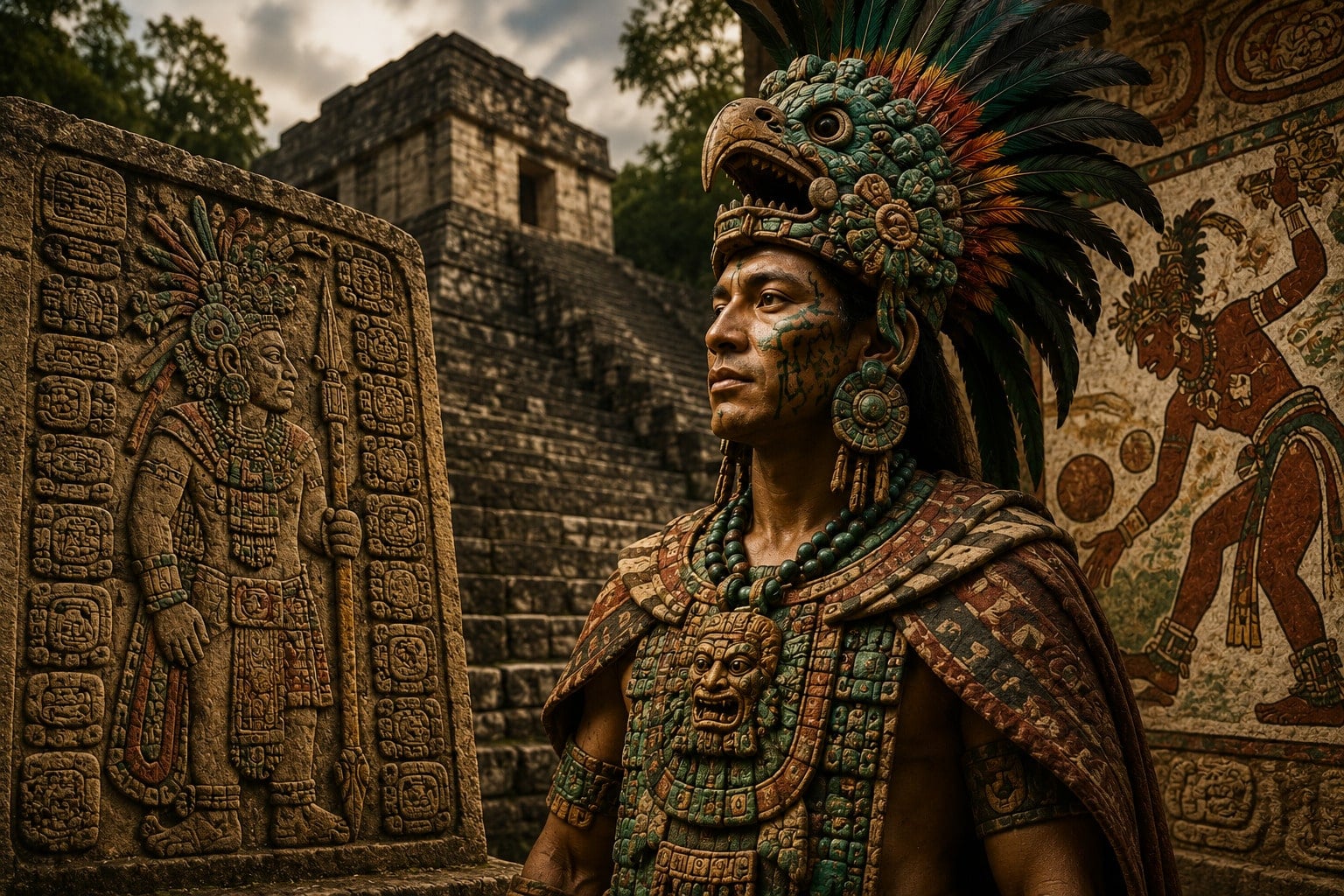 An AI reconstruction depicting a Classic Maya ruler embodying a deity during a ceremonial ritual