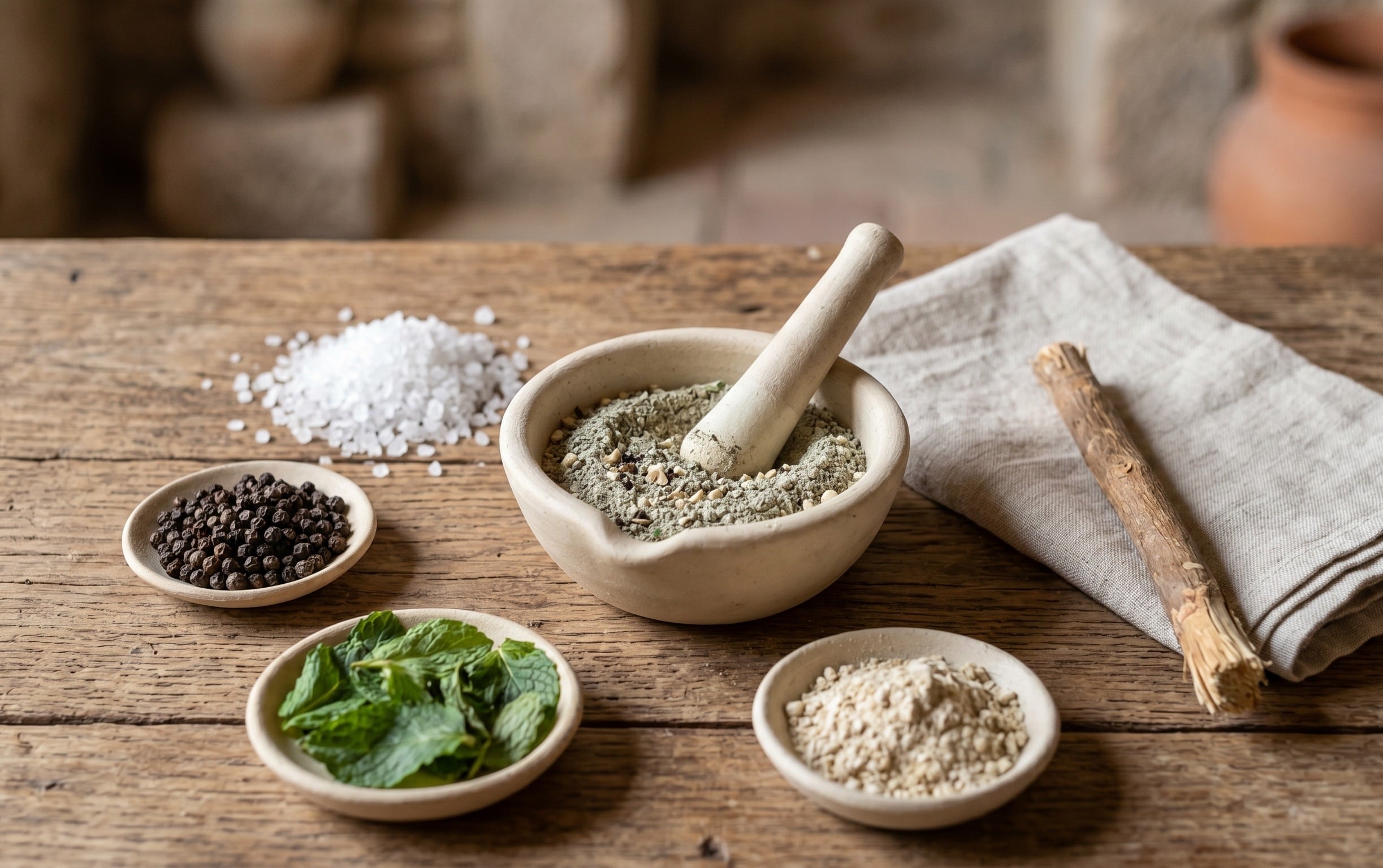 A variety of ingredients, including herbs, coarse salt, and peppercorns, are arranged on a rustic wooden table alongside a mortar and pestle for making ancient-style toothpaste.