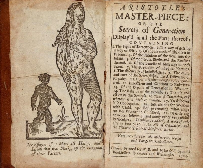 Aristotle's Masterpiece was a sex manual with midwifery advice written by an unknown writer who utilized the Greek philosopher's popularity to sell more copies. This is the 1704 edition of the book (originally printed in 1684).