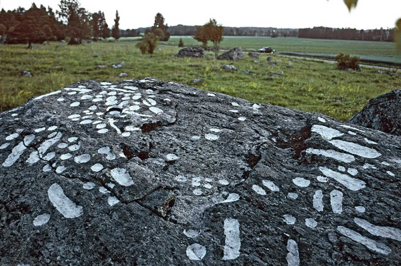 Cluster of carved footprints on the Köping 232 boulder in Västmanland