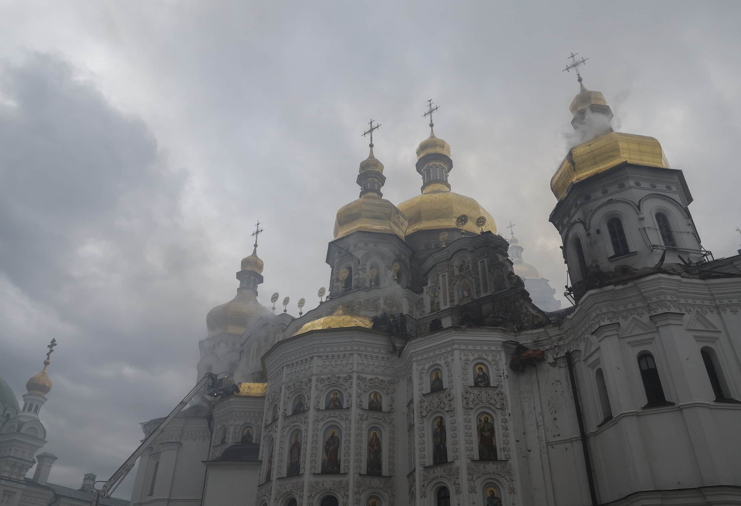 Historic Orthodox Christian cathedral in Kyiv with smoke rising after overnight attack