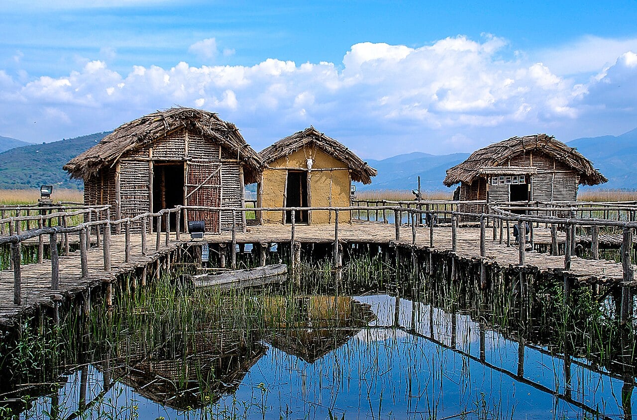 Modern reconstruction of the hypothetical Neolithic settlement of Dispilio, Greece