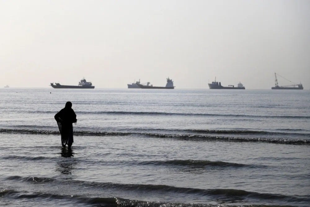 An Iranian woman watching cargo ships stuck in the Strait of Hormuz, along the coast of Bandar Abbas, in southern Iran. Greece is contemplating a naval mission to the area.