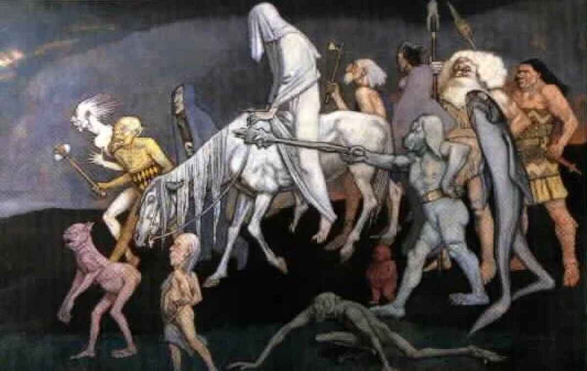 John Duncan's The Fomorians depicts the mythical beings who opposed Partholon and later the Tuatha Dé Danann in the legendary history of ancient Ireland.