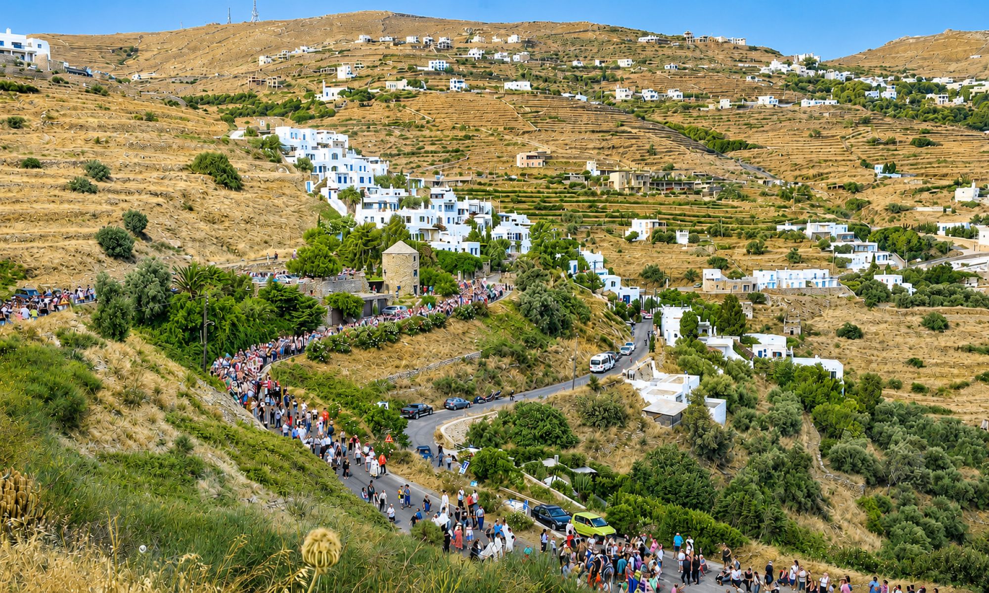 Pilgrims gather at the Church of Panagia Evangelistria on the Cycladic island of Tinos, Greece