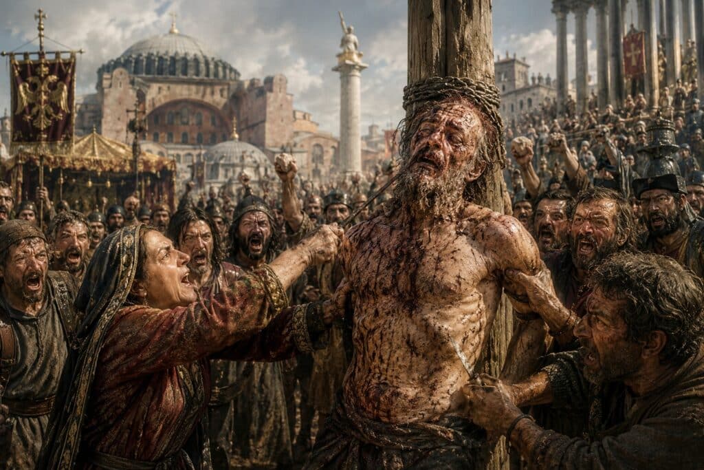A historical scene depicts an enraged crowd brutally attacking a bloodied man tied to a wooden pole in front of a Byzantine cathedral. The Byzantine Emperor Andornikos Komnenos received such a brutal end.