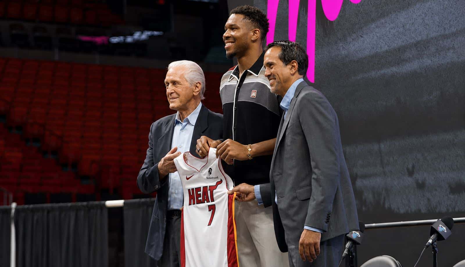 Giannis Antetokounmpo was introduced by the Miami Heat, where he will wear No. 7 after twelve seasons with the Milwaukee Bucks.