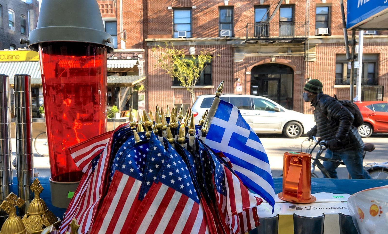 Greek And American flags in the Greektown of Astoria New york City