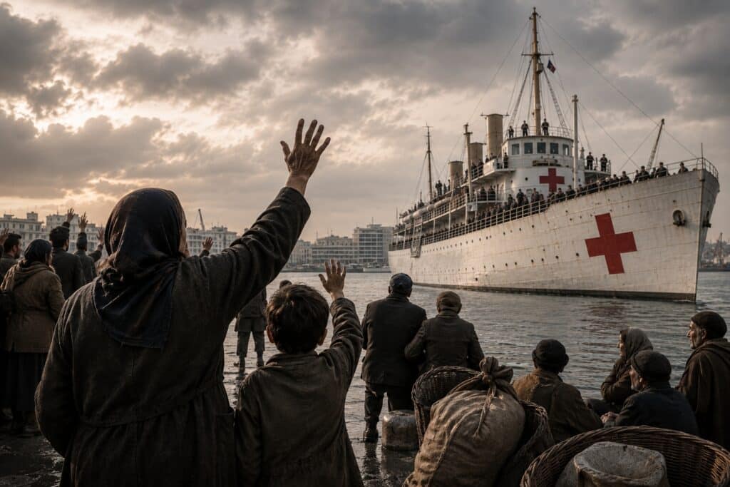 A crowd of people stands on a dock, reaching out and waving toward a large white hospital ship marked with red crosses approaching the harbor.