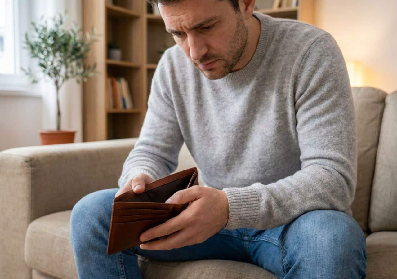 A young Greek man looking at his empty wallet