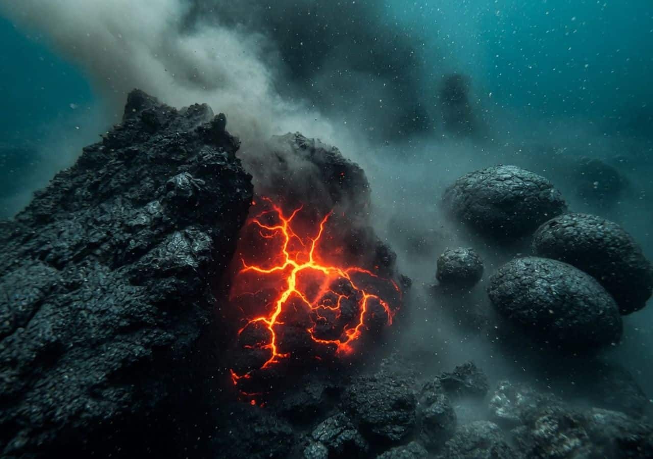 AI illustration of an underwater volcanic eruption at a mid-ocean ridge