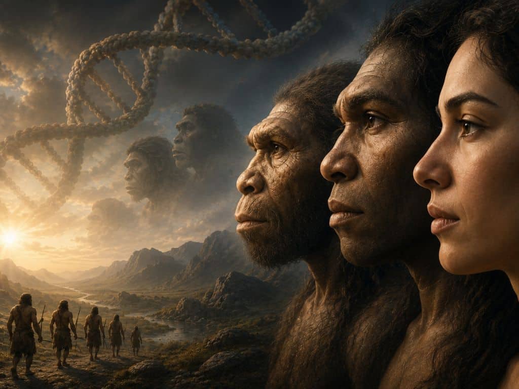 AI reconstruction depicting modern humans alongside archaic human relatives
