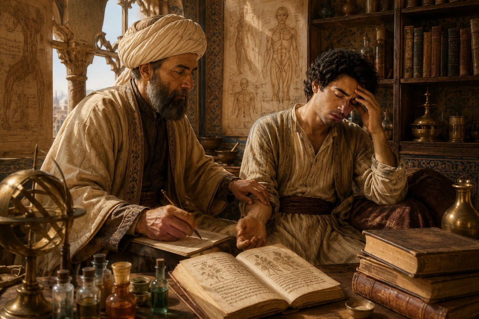 AI reconstruction of a medieval Islamic physician examining a patient believed to be suffering from lovesickness