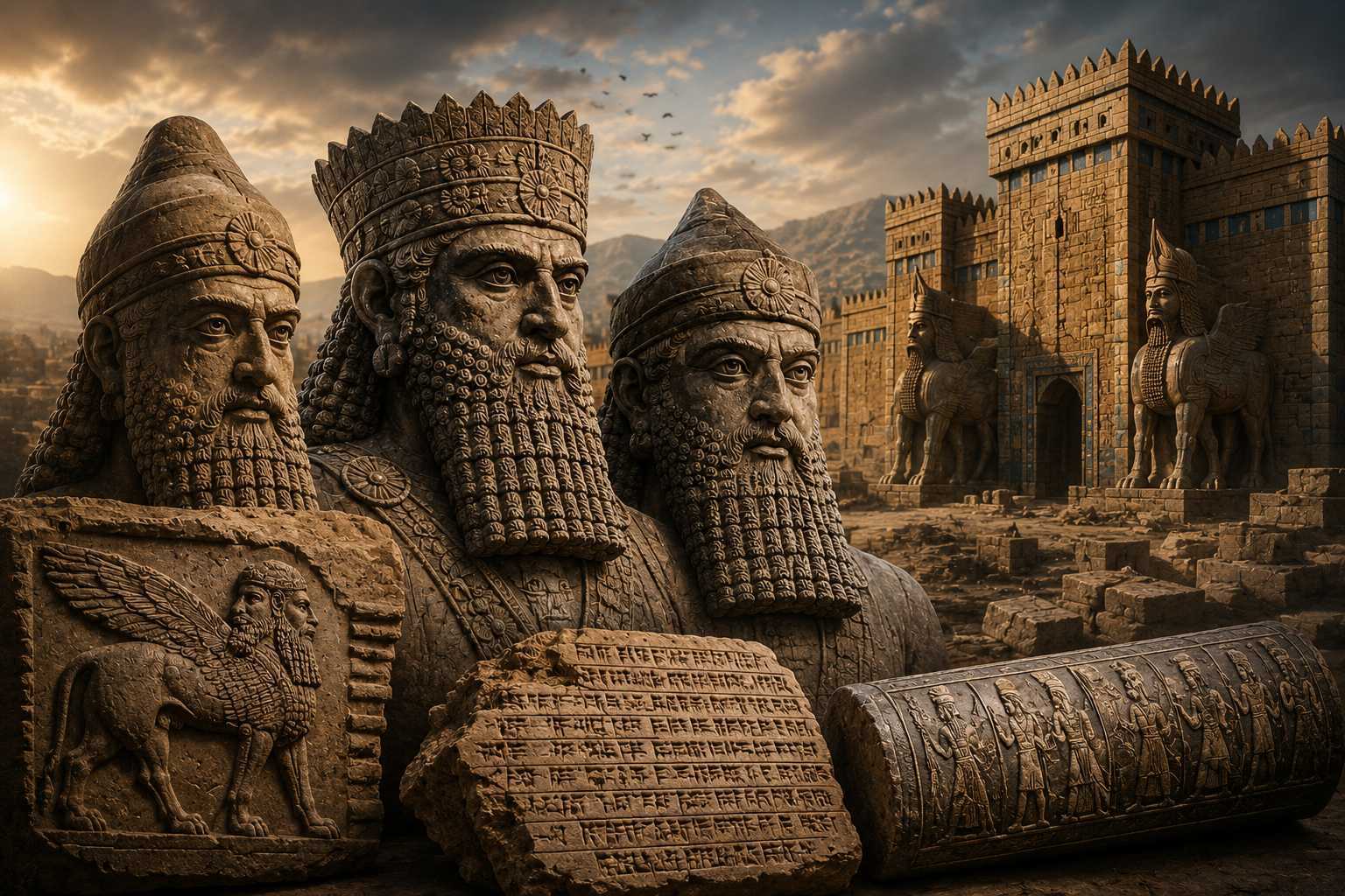 An AI reconstruction depicts ancient Assyrian rulers and monumental architecture