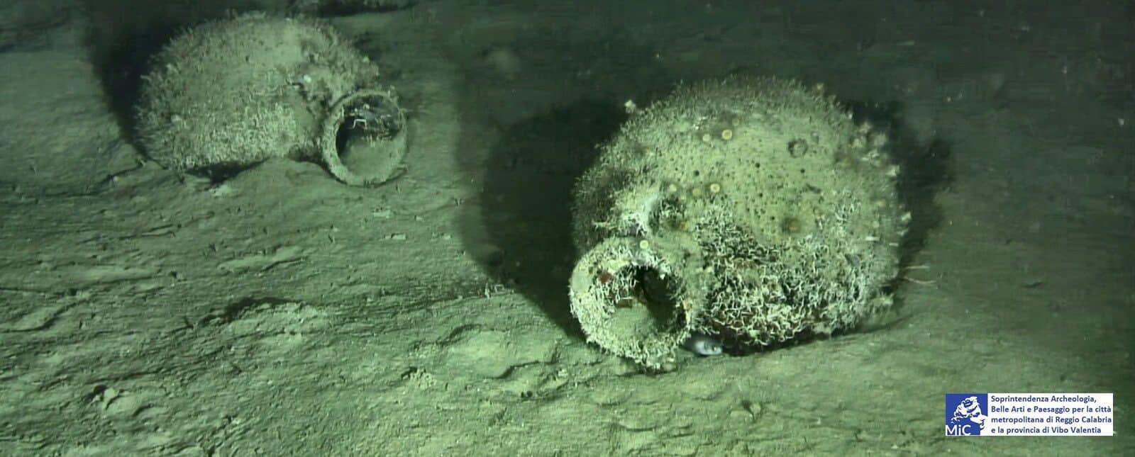 Ancient amphorae rest on the seabed off the coast of Monasterace, Calabria