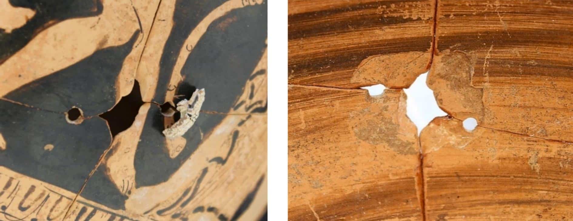 Details of the damaged area, the two holes on either side and a piece of the remaining lead clamp