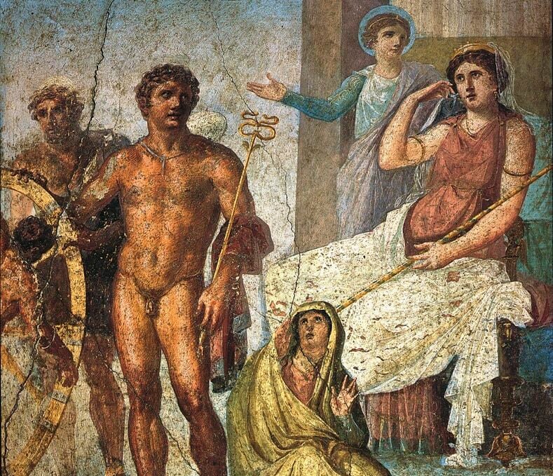 Fresco in Pompeii (c. 60-79 AD) depicting Hermes turning the wheel on which Ixion is tied while Hera is watching. Ixion's hubris in trying to seduce Hera infuriated Zeus.