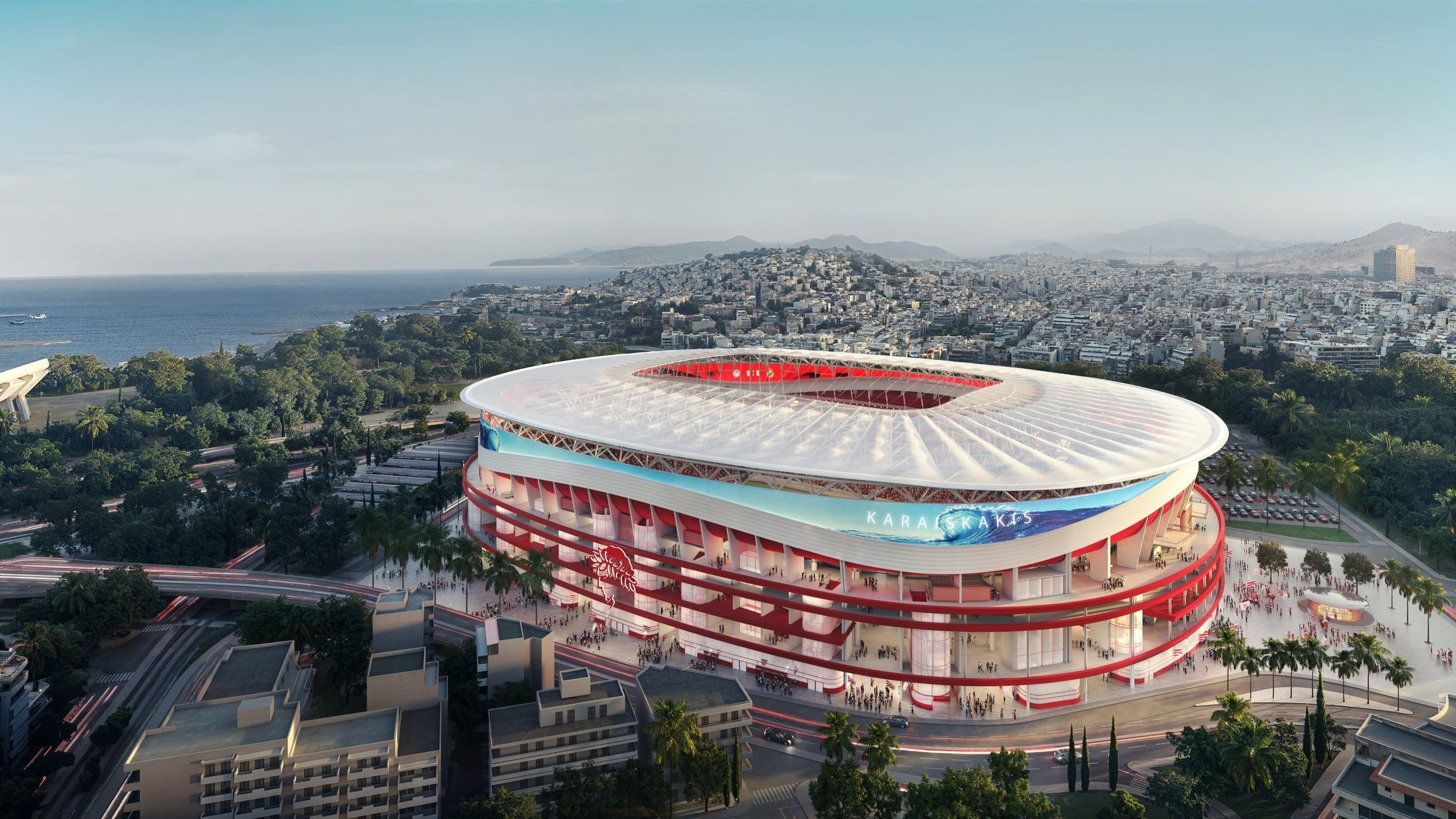 Rendering of Olympiacos’ planned Georgios Karaiskakis Stadium in Piraeus, set to become Greece’s largest football stadium.