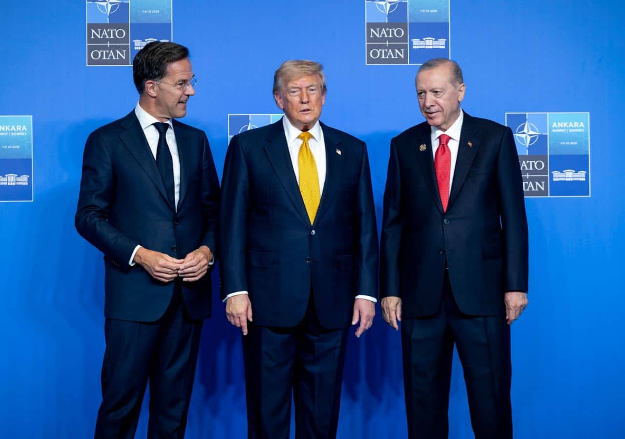 NATO Secretary General Mark Rutte and the President of the Republic of Türkiye Recep Tayyip Erdoğan welcome President of the United States Donald Trump