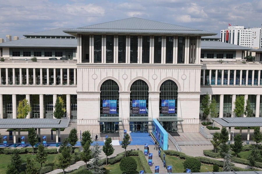 NATO Summit banners displayed outside a conference venue in Ankara ahead of the alliance’s leaders’ meeting.