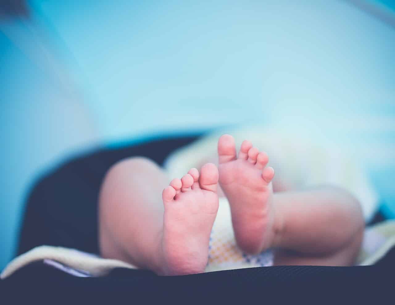 Newborn baby’s feet representing the birth of a couple’s 14th child in Kavala, northern Greece.