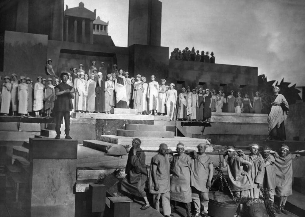 Scene from ancient Greek comedy Lysistrate by Aristophanes, directed by Max Reinhardt, staged in Berlin, Germany in 1920