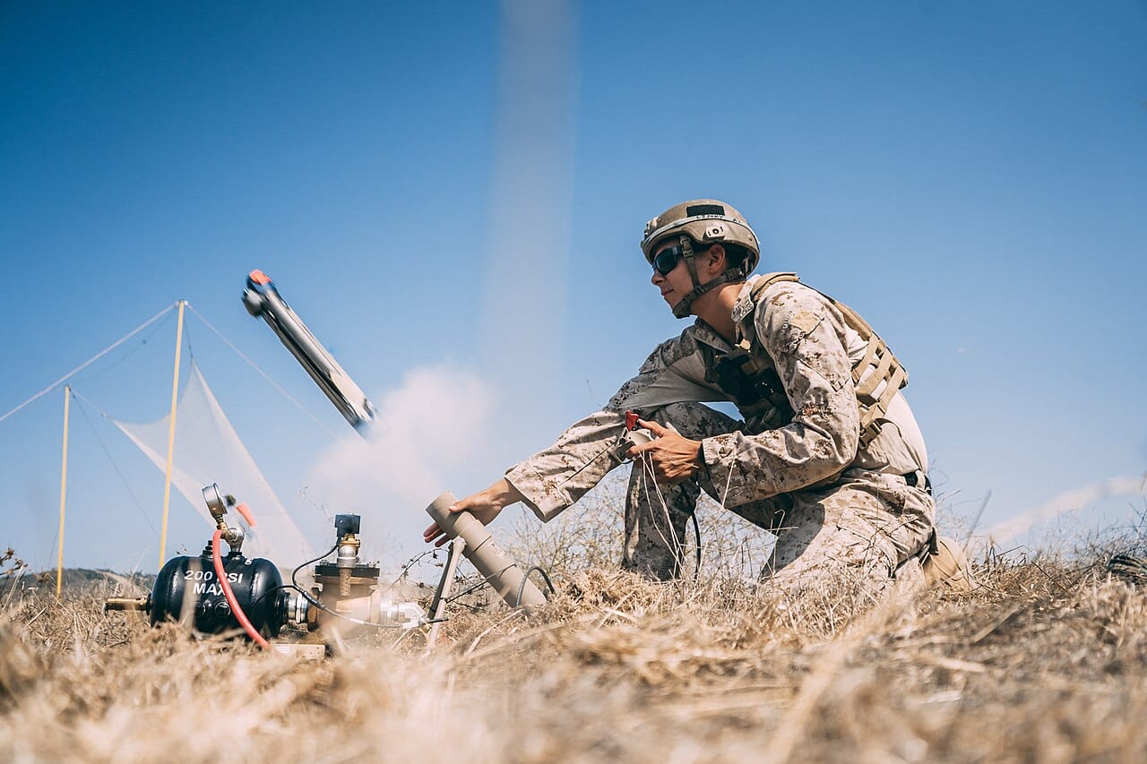 A US Marine launches a Switchblade 300 loitering munition during a military exercise in California.
