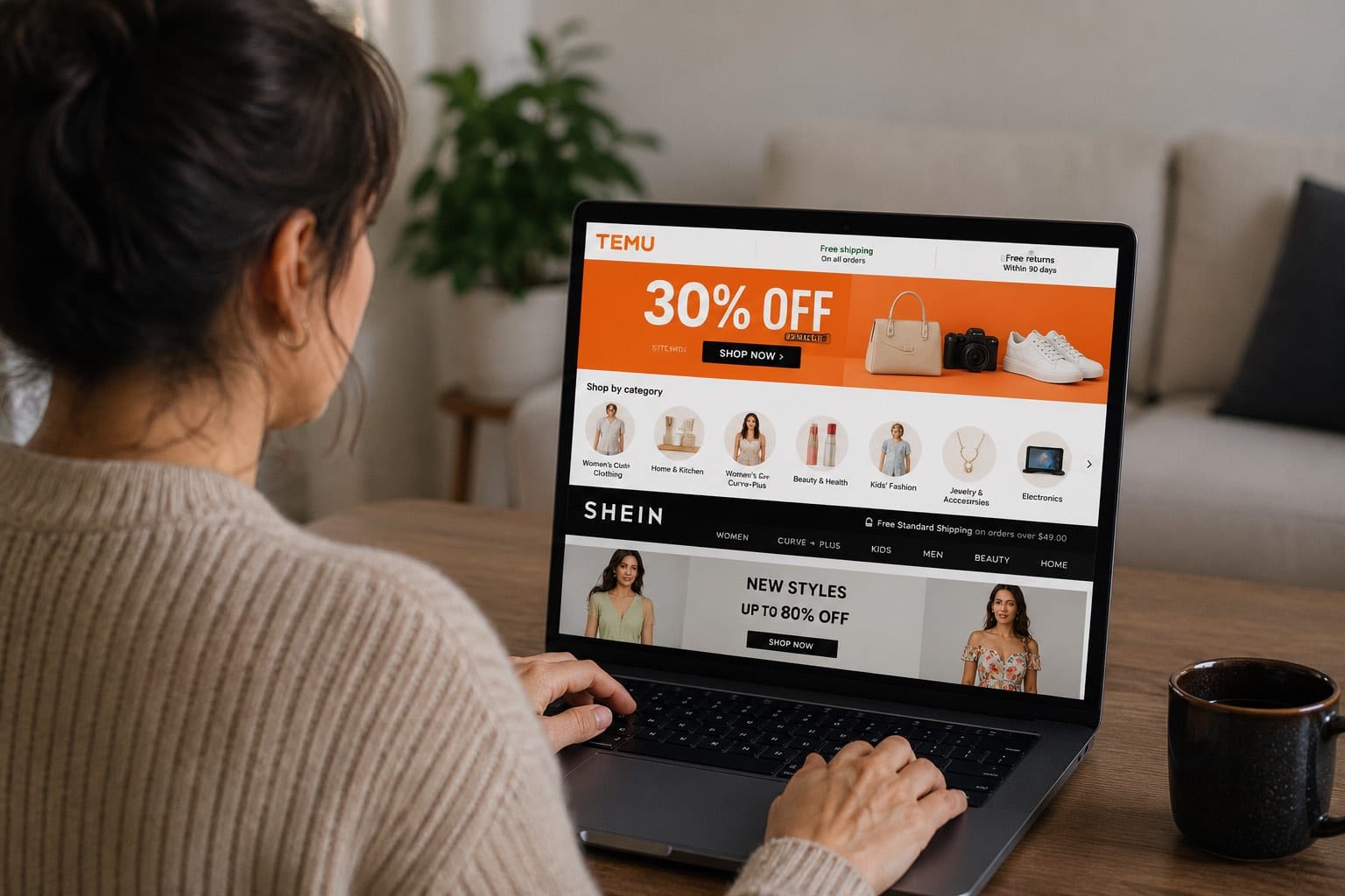 Woman browsing Temu website