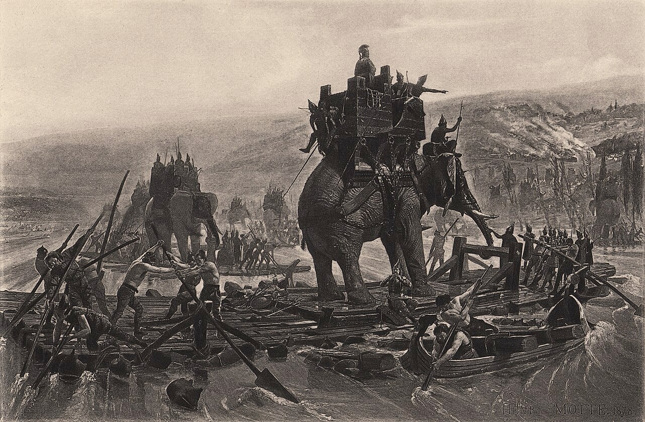 War elephants depicted in Hannibal's army crossing the Rhône
