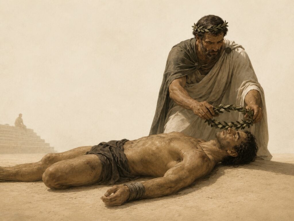 A bearded man wearing traditional ancient Greek robes kneels in a dusty arena to place a victor's wreath on the lifeless body of a muscular athlete.