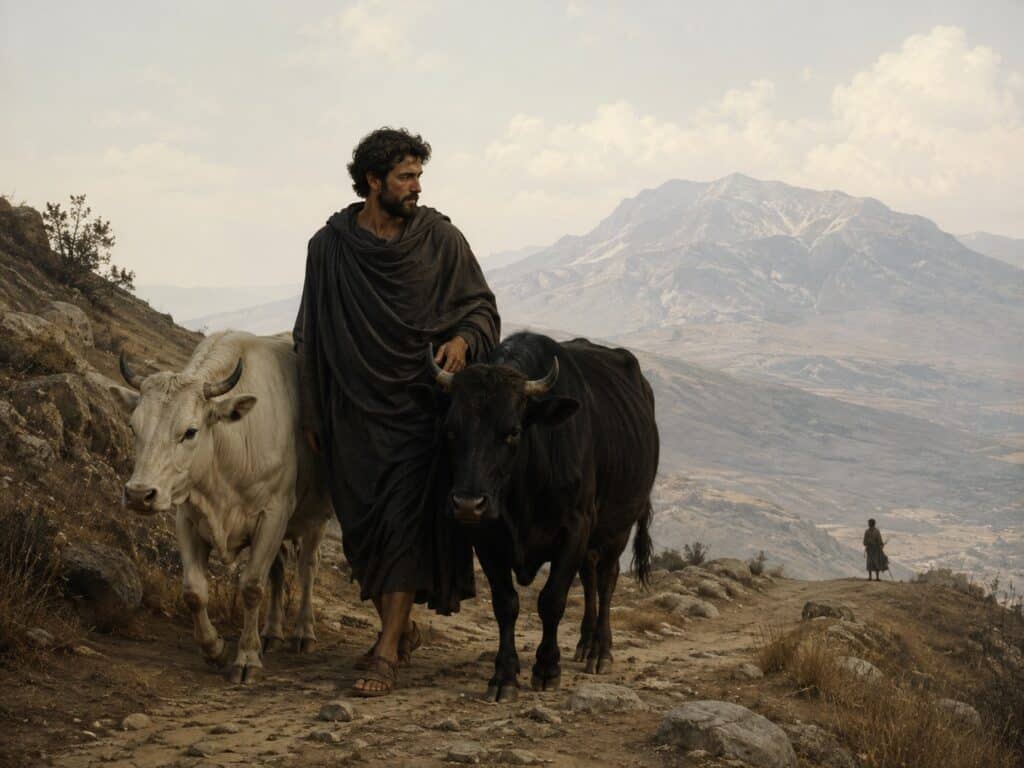 A bearded man in a dark tunic leads a white cow and a black cow along a rocky mountain dirt path with mountains in the background.