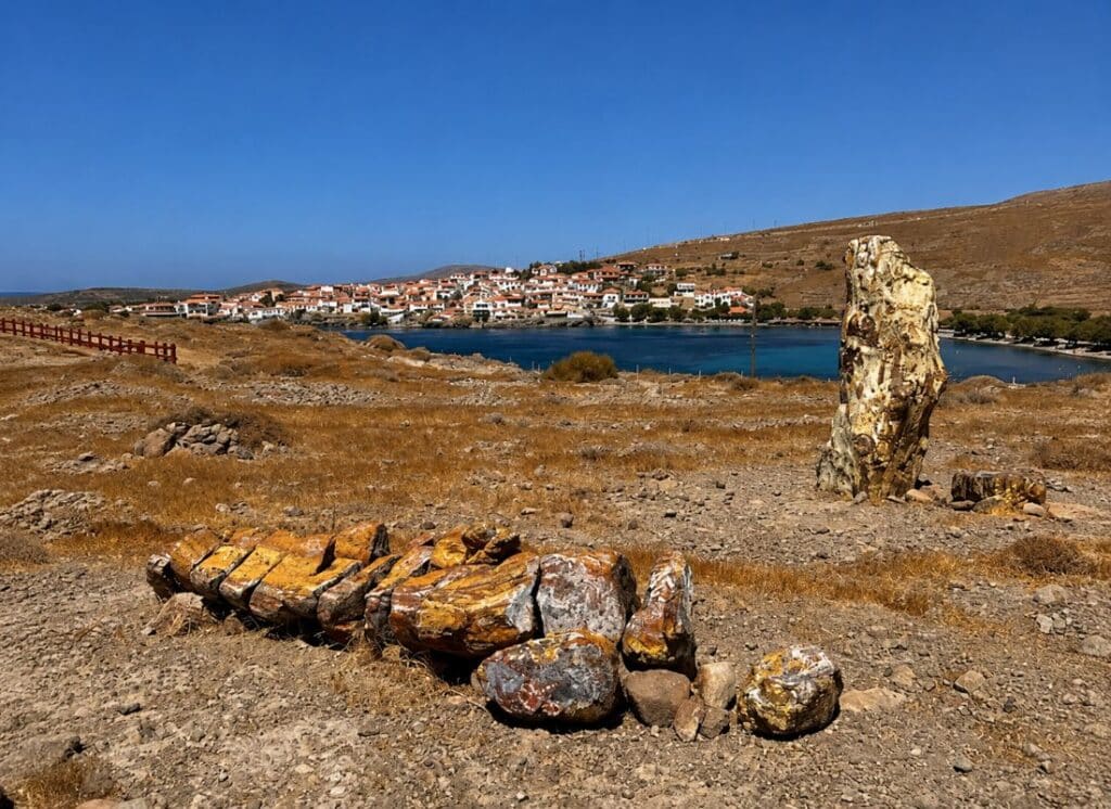 Fossilized tree trunks remain exposed in the protected area of the Lesvos Petrified Forest.