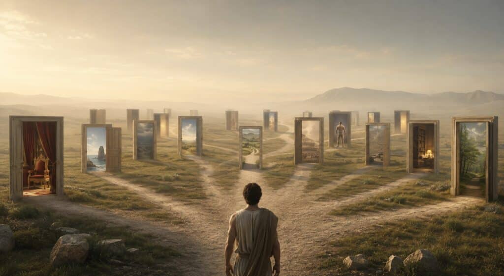 A figure in ancient Greek attire stands at a crossroads facing numerous open doors that reveal a variety of landscapes and scenes stretching across a plain.