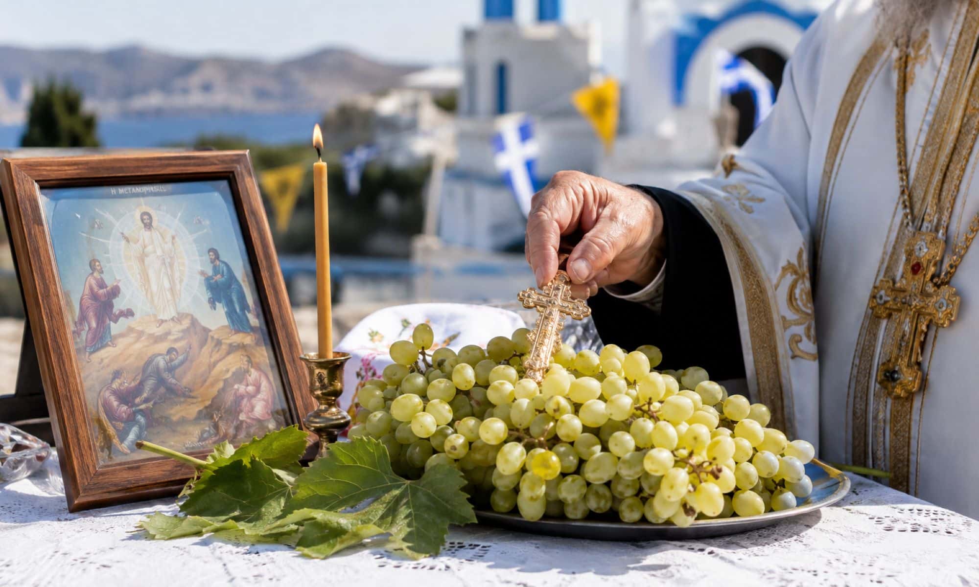 Baskets of freshly harvested grapes are brought to Greek Orthodox churches to be blessed on the Feast of the Transfiguration, August 6.