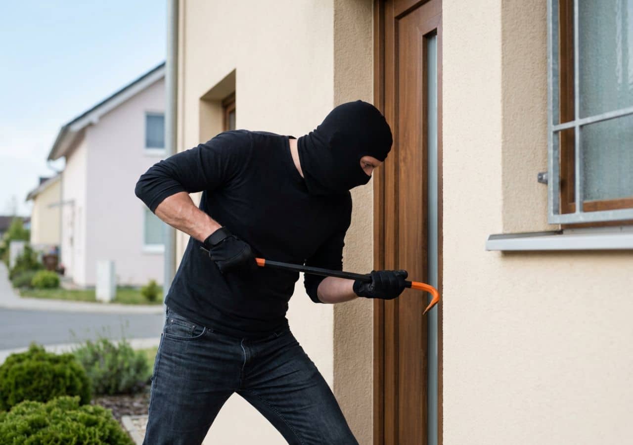 A burglar breaks into a home using a crowbar during daytime hours