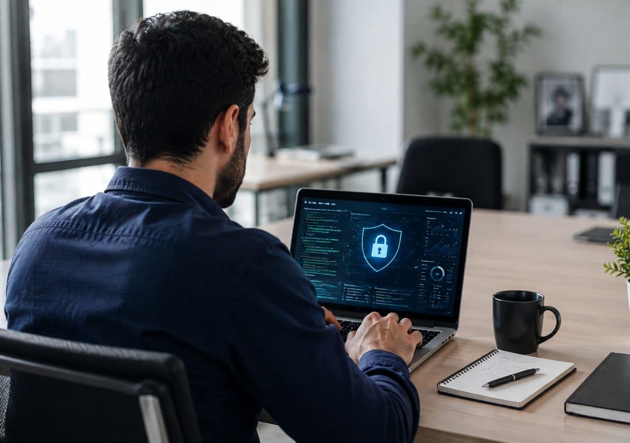 A cyber security expert working on his laptop